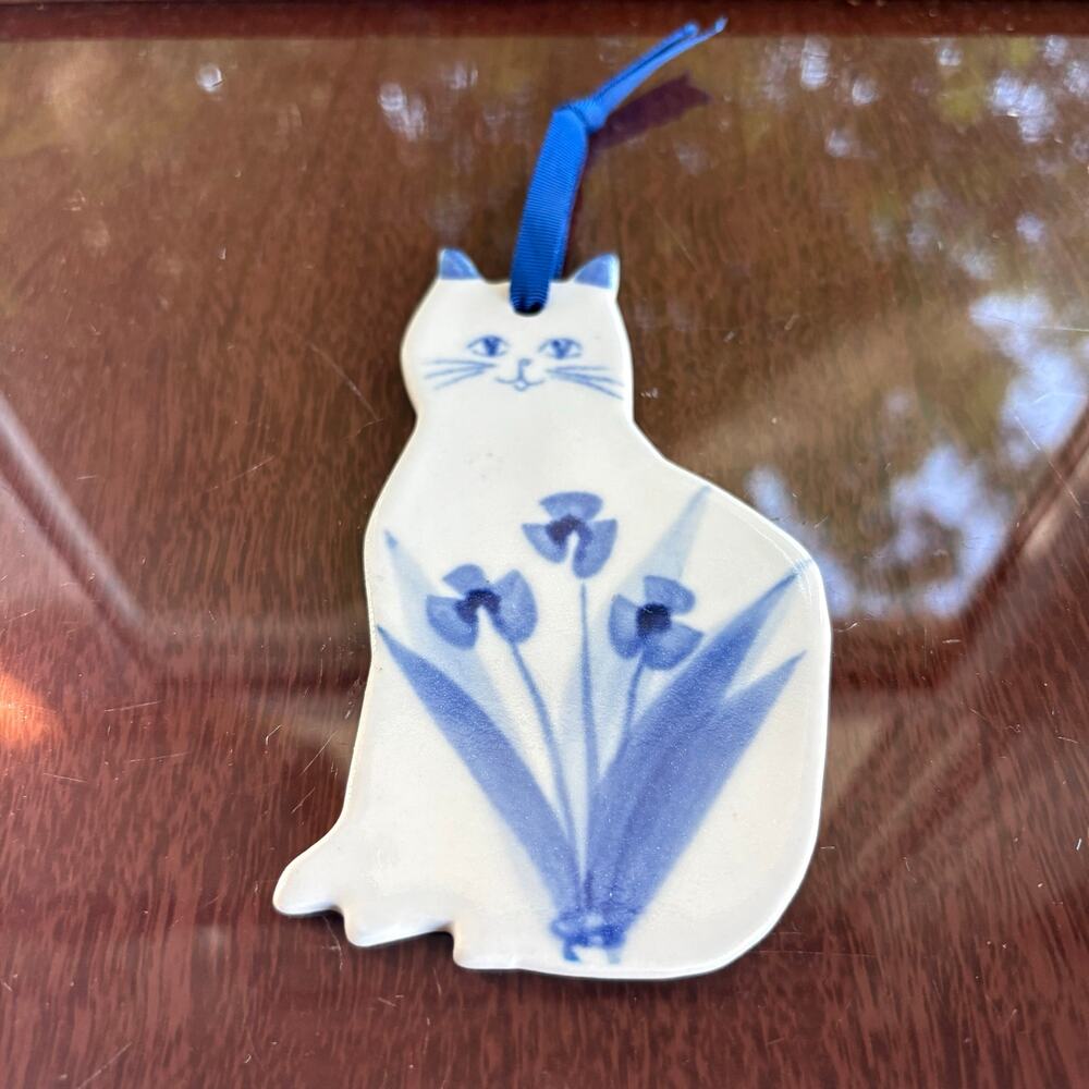 Vintage white Porcelain Cat Ornament with Blue Floral Kitty Decor, Signed